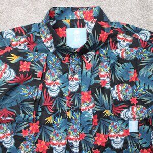 21 Pineapples Shirt Mens Large Black Sugar Skulls Hawaiian Polyester Stretch S/S